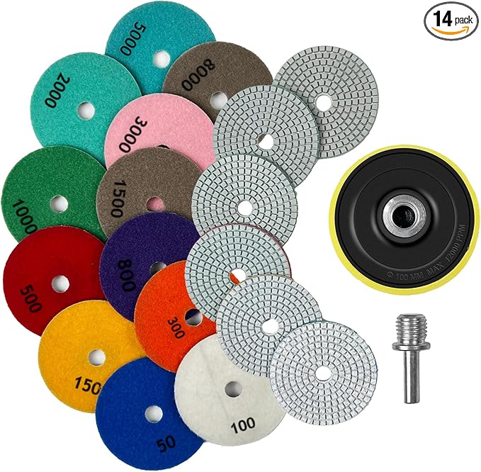 Konvixon Diamond Polishing Pads Set Wet/Dry Quartz Polishing Kit, Granite Stone Concrete Marble Tile Polish Pads for Grinder, 12Pcs 4 in 50#-8000# Grit Pads with Hook, Loop Backer and Drill Adapter