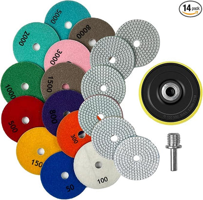 Konvixon Diamond Polishing Pads Set Wet/Dry Quartz Polishing Kit, Granite Stone Concrete Marble Tile Polish Pads for Grinder, 12Pcs 4 in 50#-8000# Grit Pads with Hook, Loop Backer and Drill Adapter