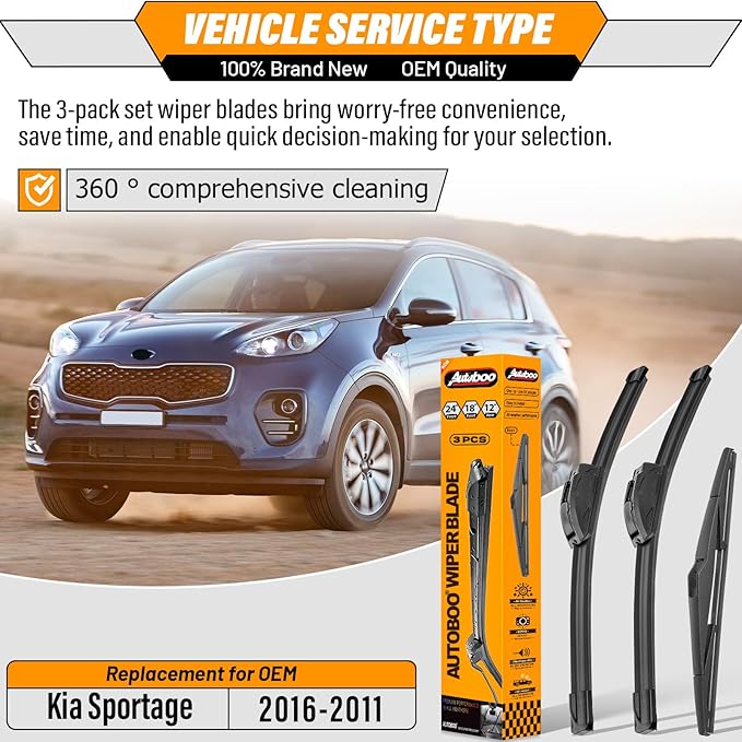 AUTOBOO 24"+18" Windshield Wipers with 12" Rear Wiper Blade Replacement for Kia Sportage 2011-2016 -Original Factory Quality (Pack of 3)