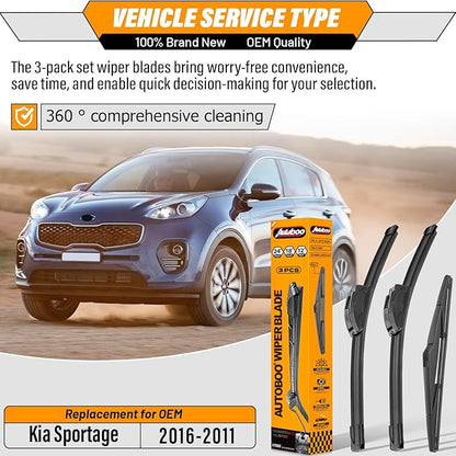 AUTOBOO 24"+18" Windshield Wipers with 12" Rear Wiper Blade Replacement for Kia Sportage 2011-2016 -Original Factory Quality (Pack of 3)