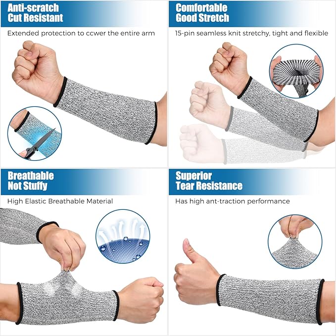 2 Pairs Cut Resistant Sleeve Arm Protection Level 5 Protection Safety Protective Sleeves Arm Protectors for Men Women(8.6 x 3.7 Inches,Gray)