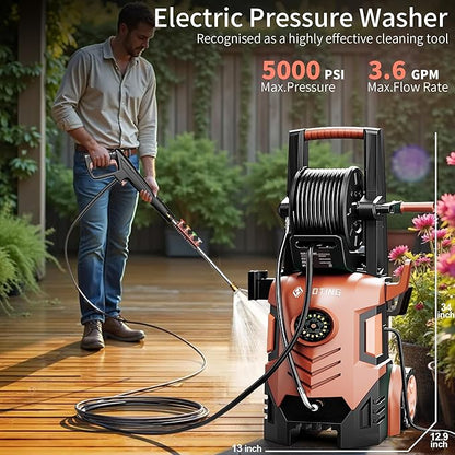 2026Upgraded Pressure Washer 5000PSI with Adj-8-Level Touch Screen, 34" Tall Power Washer, 4 Quick Connect Nozzles, Inlet Hose&Filter&500mlFoam Cannon for Cars/Fences/Driveways,Red