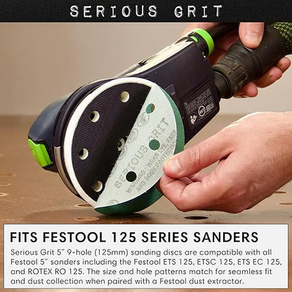Serious Grit - 5-Inch 9-Hole 1000 Grit Sanding Discs - Heavy-Duty Hook & Loop Film Discs - Sandpaper for Random Orbital Sanders - 50 Pack Box