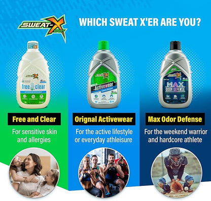 Sweat X Free & Clear Activewear Laundry Detergent – Certified Asthma & Allergy Friendly® – Hypoallergenic – Removes Toughest Stains & Odors – High-Performance Sports Wash – 45 Loads/Bottle – 4 Pack
