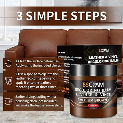 BSCPAM Medium Brown Leather Recoloring Balm,Leather Couch Scratch/Stain Remover,Leather Repair kit for Vinyl Furniture and Car Interior,Leather Dye Paint for Scratched and Faded Leather Couches