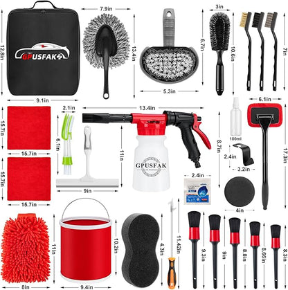 GPUSFAK 39Pcs Car Wash Cleaning Kit with Foam Gun Sprayer Detailing Brushes Collapsible Bucket Windshield Cleaning Tool Tire Brush Towels Complete Interior Exterior Detailing Set for Car