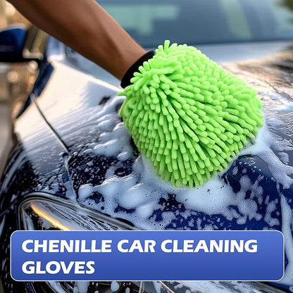 Car Wash Mitt Microfiber Gloves Chenille Material Microfiber Towels for Car Washing Supplies Kit Scratch Free Cleaning Fluorescent Green 2Pcs