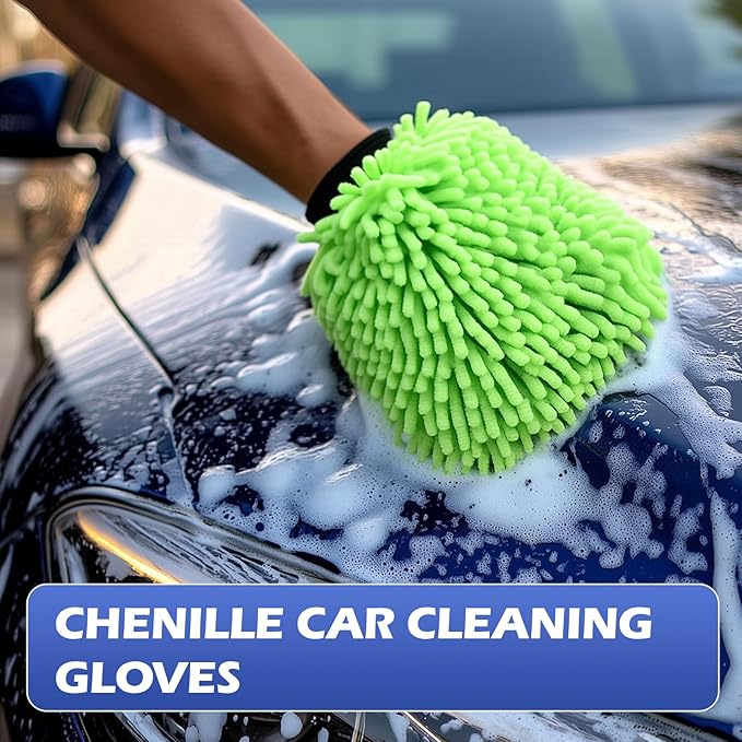 4Pcs Car Wash Mitt Microfiber Gloves Chenille Material Microfiber Towels for Car Washing Supplies Kit Scratch Free Cleaning Gray + Sky Blue