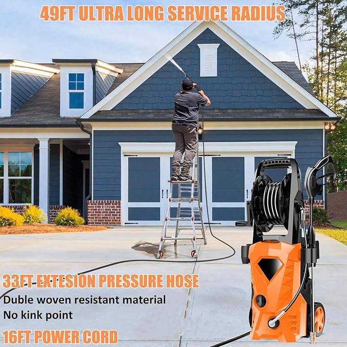Power Cleaner 5000 PSI with 33FT Hose, 4 Nozzles for Car/Patio Cleaning(Orange)