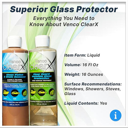 Venco Clear X Glass Polish & Protector - 16oz Kit for Removing Rust, Burnt-In Stains, Water Spots - Protects & Repels Water, Snow - Ideal for Yachts, Cars, Home Windows, RVs & More - Made in USA