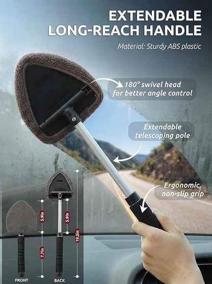 TAKAVU Car Window Cleaning Tool, Windshield Wiper Cleaner with Extendable Long-Reach Handle, 3 Washable Reusable Microfiber Bonnets, Car & Home Inside Interior Exterior Use - Lint Free (Grey)