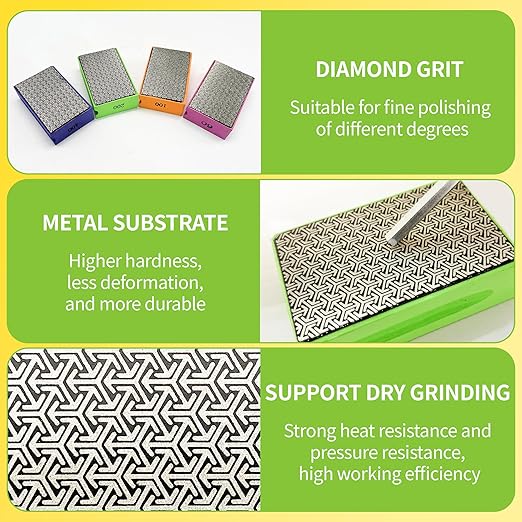 Diamond Hand Polishing Pads, 4PCS Diamond Sanding Pads with Foam Backing 60/100/200/400 Grit,Sanding Block for Glass Wood Ceramic Marble Metal Tile Tools(Wet&Dry