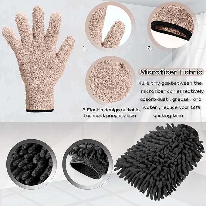 Potchen 6 Pcs Microfiber Dusting Mitt Gloves Microfiber Washable Dusting Gloves Car Wash Mitt for Leaf Cleaning Plant