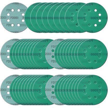 5 Inch 8 Hole Sanding Discs, 50 Pcs Wer Dry Sandpaper 2000 Grit Hook and Loop Green Polyester Film Backed Sanding Disc for Random Orbital Sander Wood Car Metal Plastic (2000 Grit, 50 Pack)
