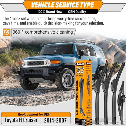 AUTOBOO 16"+14"+14" Windshield Wipers with 10" Rear Wiper Blade Replacement for Toyota FJ Cruiser 2014 2013 2012 2011 2010 2009 2008 2007-Original Factory Quality (Pack of 4)