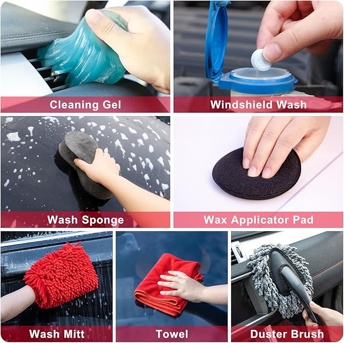 GPUSFAK 46Pcs Car Wash Cleaning Kit with Foam Gun Sprayer Detailing Brushes Car Vacuum Collapsible Bucket Windshield Cleaning Tool Tire Brush Towels Complete Interior Exterior Detailing Set for Car