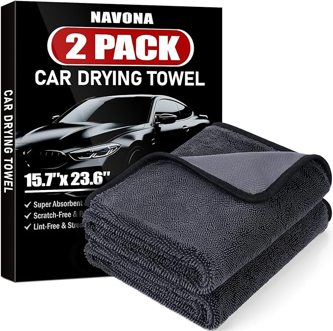 Navona 2-Pack Medium Size (23.6" x 15.7") Microfiber Towels, 600GSM Ultra Absorbent Car Drying Towels — Scratch-Free, Streak-Free, Lint-Free, Perfect for Cars, Shower Cabins, and Household Use