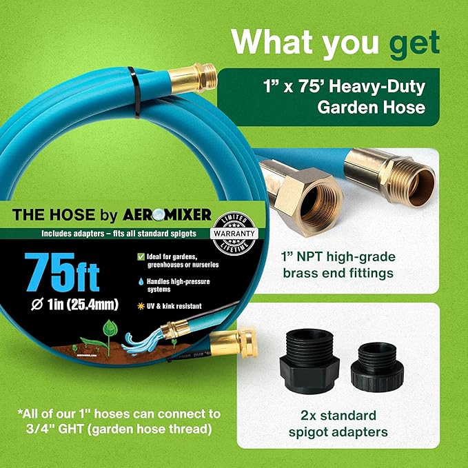Aeromixer THE HOSE - 1 Inch 75Ft Flexible Garden Hose, Heavy Duty Garden Hoses for Outdoors, Anti Kinking Industrial Outdoor Water Hoses, 650 PSI High-Pressure Watering Tool for Farming and Gardening