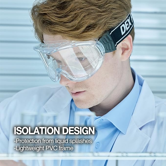 DEX FIT Safety Protective Goggles SG220; 3X Anti Fog & Scratch, Z87 Eye Protection, Adjustable for Lab and Chemistry Work