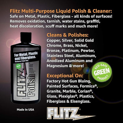Flitz Multi Purpose Metal Polish Liquid - 16oz Bottle of USA-Made Tarnish Remover - For Aluminum, Chrome, Brass, Nickel, Silver - Non-Abrasive Metal Cleaner and Polish, Restorer (1 Pack)