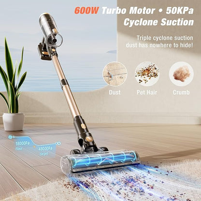 VBUOO Cordless Vacuum Cleaner, 580W 48KPA 70 Mins Vacuum Cleaners for Home, Self-Standing Stick Vacuum with Touch Screen, Wall Mount Charge, Ultra High-Power Brush for Pet Hair/Plush Carpet/All Floor
