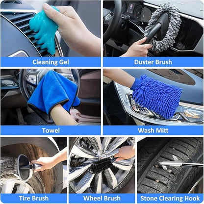 AUTODECO 44Pcs Car Wash Detailing Kit Cleaning Kits with Foam Gun Sprayer Wash Mop with Long Handle Collapsible Bucket Large Wash Mitt Towels Complete Interior Exterior Car Washing Supply Set Blue