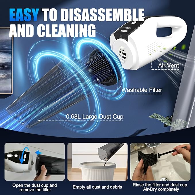 VACDRIVE Car Vacuum Handheld Cordless Car Vacuum Cleaner for Drivers, Office, Home & Pet Hair, with True Brushless Motor, Ultra-Strong Suction, Rechargeable Battery&Big Dust Cup, Type-C Fast Charging