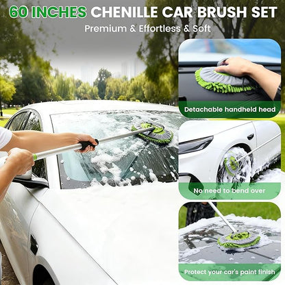 Car Wash Brush with Long Handle, 60'' Car Wash Mop, 7Pcs Chenille Microfiber Cars Washing Kit with Window Squeegee/Microfiber Towels /Wheel Brush for Cars RV Truck Boat Floor Window, Green