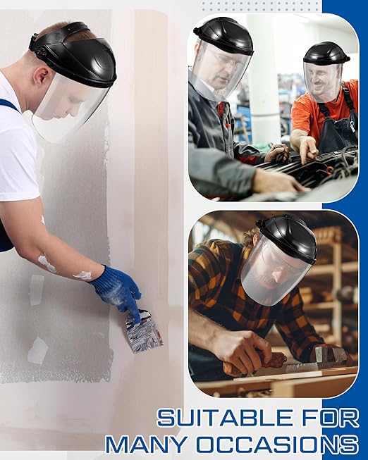 Tellegloww 4 Pcs Safety Face Shield for Grinding and Cutting, Clear Impact Resistant Visor, Full Face Shield Mask with Ratchet Headgear for Grinding, Isolation, Weed Whacking, Industrial Use (Black)