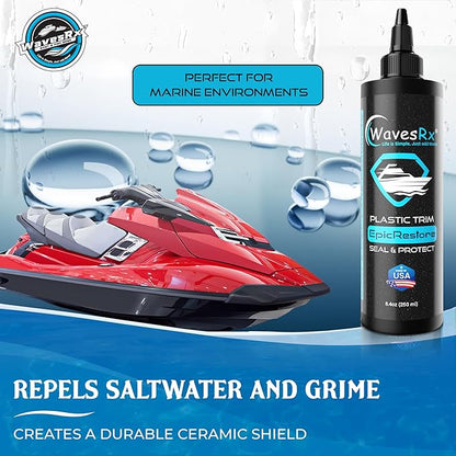 WAVESRX EpicRestore Marine Trim Restorer & Vinyl Protectant | Plastic Restorer for Boats & PWC | Ceramic Coating UV Protection & Boat Cleaner | Boat Cleaning Supplies | Boat Vinyl Cleaner – 8.4 fl oz