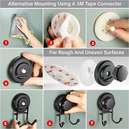HASKO Suction Cup Hook for Shower, Stainless Steel Bathroom Suction Towel Hooks Hanger, Organizer for Towel, Bathrobe and Loofah, Includes Optional No Drill Adhesive Mount for Inside Shower, Black