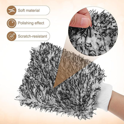 HARFINGTON 4pcs Chenille Microfiber Car Wash Mitts 9.8" x 7.9" Scratch Free Wash Gloves Absorbent Double Sided Plush Cleaning Drying Mitts for Car Washing Home, Gray