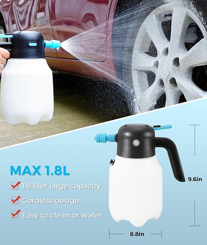 1.8L Handheld Foam Sprayers, 2000mAh Cordless Pressurized PP Electric Foam Sprays, Garden Sprayer, USB Rechargeable Car Wash Foam Sprayer for Car Washing Garden