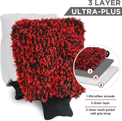 TAKAVU New Car Wash Mitt, 2 Pack Premium Cyclone Microfiber Washing Gloves, Holds Tons of Sudsy Water for Effective Washing, Machine Washable, Lint Free, Scratch Free (Red & Black)