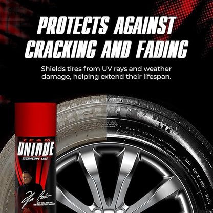 TEAM UNIQUE Tire Shine Gloss – 18.6 Fl Oz (550mL) Pack of 12 | High-Gloss Formula for Ultimate Tire Shine | Protects Against Cracking and Fading | Non-Greasy, Low-Sling Spray for Easy Application