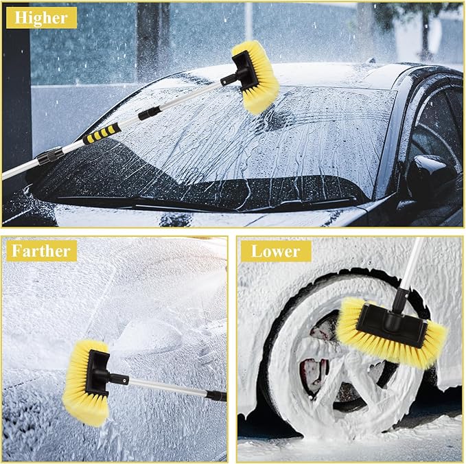 Car Wash Brush with Long Handle 60 Inch, 10" Soft Bristle Scrub Brush for Car, Truck, Boat, RV, Washing Cleaning Tool (Yellow, 4-Section Pole)