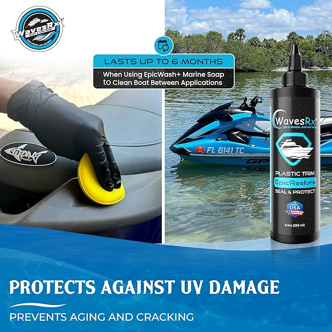 WAVESRX EpicRestore Marine Trim Restorer & Vinyl Protectant | Plastic Restorer for Boats & PWC | Ceramic Coating UV Protection & Boat Cleaner | Boat Cleaning Supplies | Boat Vinyl Cleaner – 8.4 fl oz