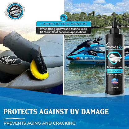 WAVESRX EpicRestore Marine Trim Restorer & Vinyl Protectant | Plastic Restorer for Boats & PWC | Ceramic Coating UV Protection & Boat Cleaner | Boat Cleaning Supplies | Boat Vinyl Cleaner – 8.4 fl oz