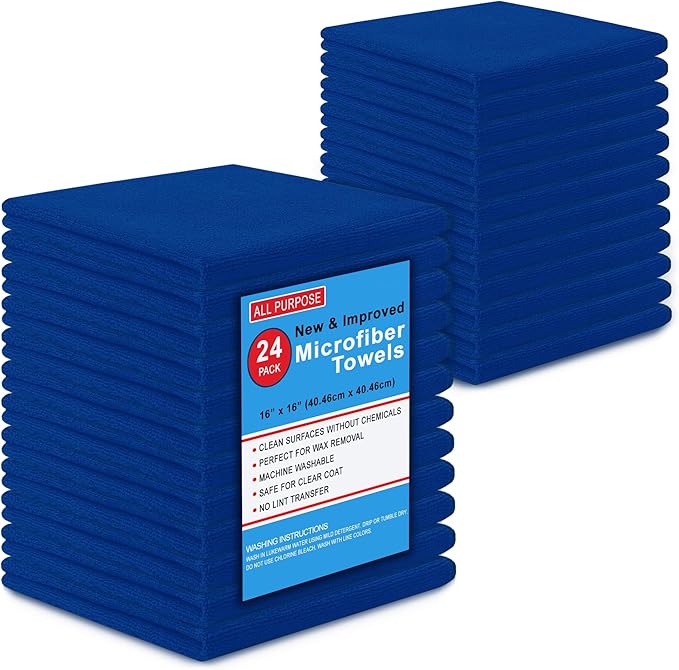Microfiber Cleaning Towels, Pack of 24, Ultra Soft Plush Washcloth, All Purpose Premium Microfiber Detailing Cleaning Cloths Shop Towels(16" x 16", Navy Blue)