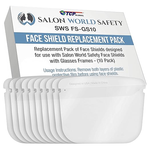 TCP Global Salon World Safety Replacement Face Shields Only (Pack of 10), Glasses Frames Not Included – Fits Most Brands, Ultra Clear, Full Face, Protect Eyes Nose Mouth, Anti-Fog PET Plastic, Goggles