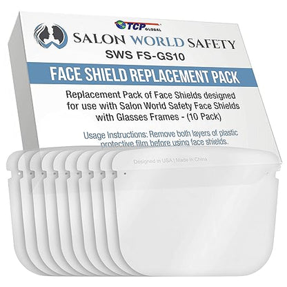 TCP Global Salon World Safety Replacement Face Shields Only (Pack of 10), Glasses Frames Not Included – Fits Most Brands, Ultra Clear, Full Face, Protect Eyes Nose Mouth, Anti-Fog PET Plastic, Goggles