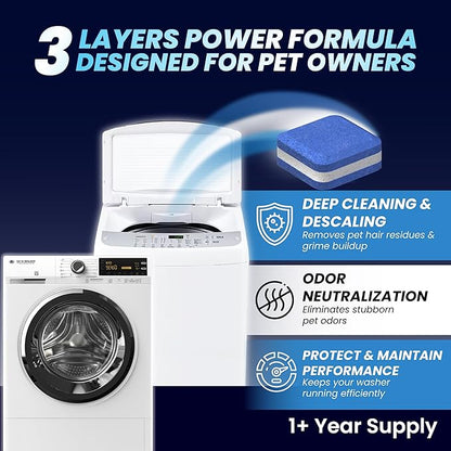 Washing Machine Cleaner Tablets for Pet Owners 28 Pack & Dishwasher Cleaner Deodorizer Descaler Tablets 28 Pack Bundle - 1 Plus Year Supply - Septic Safe Eco Friendly Formula