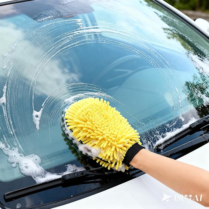 Car Wash Mitt Microfiber, 2PK-Scratch & Lint Free, Premium Chenille Microfiber Wash Mitt (Yellow)