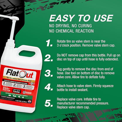 Flat Out Off Road Tire Sealant, Outdoor Power Equipment Formula with Valve Core Tool, Prevents Flat Tires, Fix a Flat Tire, Seals Leaks, Contains Kevlar, 1 Gallon