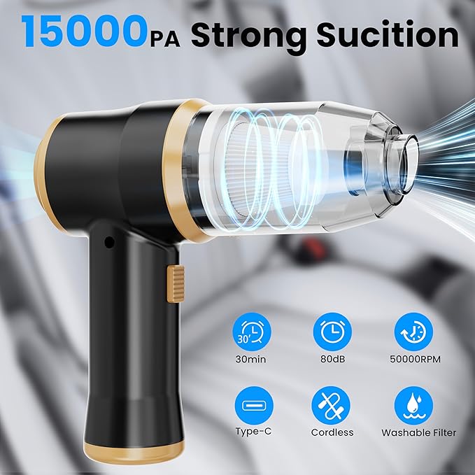 BELIBUY Mini Car Vacuum 15000Pa Portable Cordless Handheld Vacuum Cleaner and Air Duster with 2 Filter for Car, Sofa, Office, Pet, Home