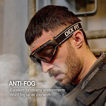 DEX FIT Protective Safety Goggles SG220; Anti Fog & Scratch, Z87 Eye Protection for Work, Adjustable for Women and Men, (Black & Blue Frame, Tinted Lens, 19cm Strap)