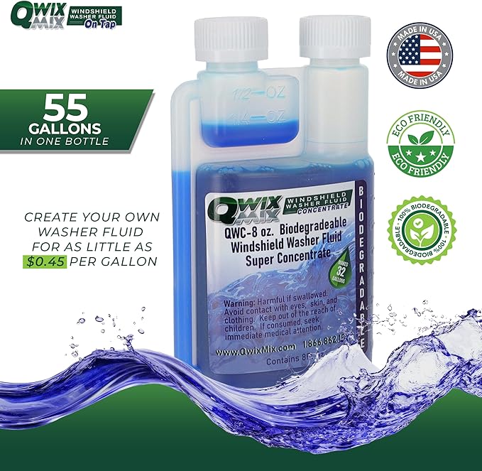 Qwix Mix Windshield Washer Fluid Concentrate, 1 Bottle Makes 32 Gallons, 1/4 oz. Makes 1 Gallon 100% Biodegradable