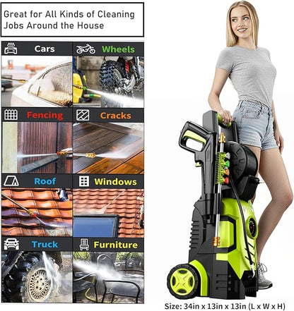 2025New Pressure Washer 4800PSI, 34" Tall, 4 Quick Connect Nozzles,Inlet Hose&Filter&500mlFoam Cannon for Cars/Fences/Driveways/Home Cleaning,Green