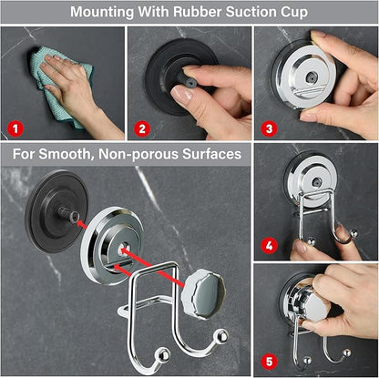 HASKO Suction Cup Hook for Shower, Stainless Steel Bathroom Suction Towel Hooks Hanger, Organizer for Towel, Bathrobe and Loofah, Includes Optional No Drill Adhesive Mount for Inside Shower, Chrome