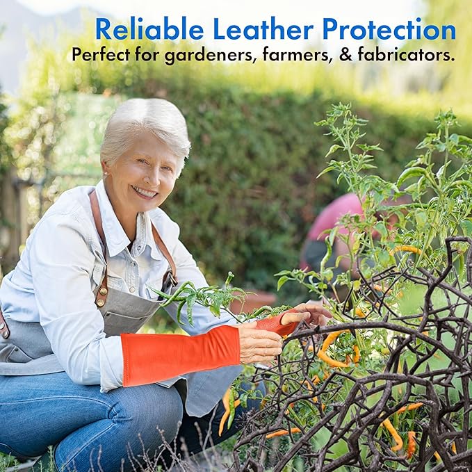 Arm Chaps Leather Protective Sleeves Arm Guard - Prevent Cuts, Scratches & Bruises - Genuine Cowhide - Ideal for Gardening & Construction - Left & Right Form-Fitting. Orange (1 Pair/XX-Small).